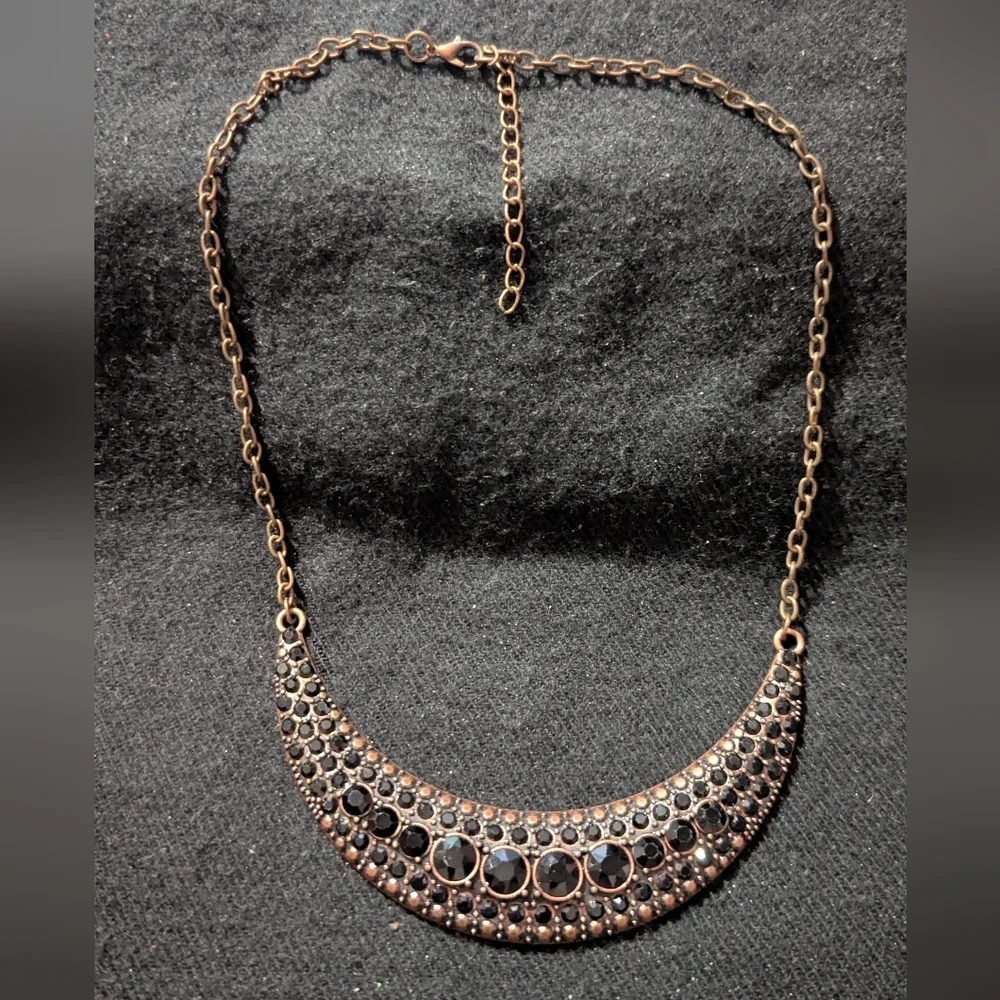Copper Tone Black Rhinestone Curved Bar Bib Style Statement Necklace